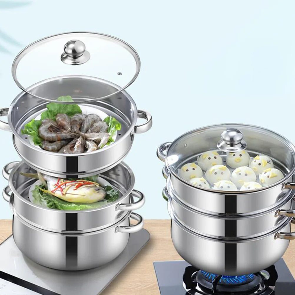 Pentola a vapore in acciaio inox, cottura a vapore, zuppa, pentole, cibo a vapore, brodo, verdure, set, vaporiere, pentole, pentola a vapore, coperchio a livelli