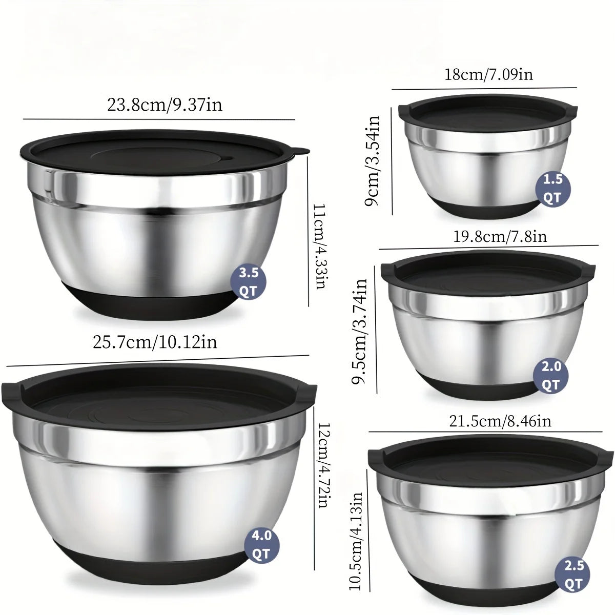 8 pezzi Ciotole per mescolare con coperchi ermetici Set di ciotole per mescolare in acciaio inossidabile, fondi di attacco, ciotole da cucina nere, per cuocere al forno