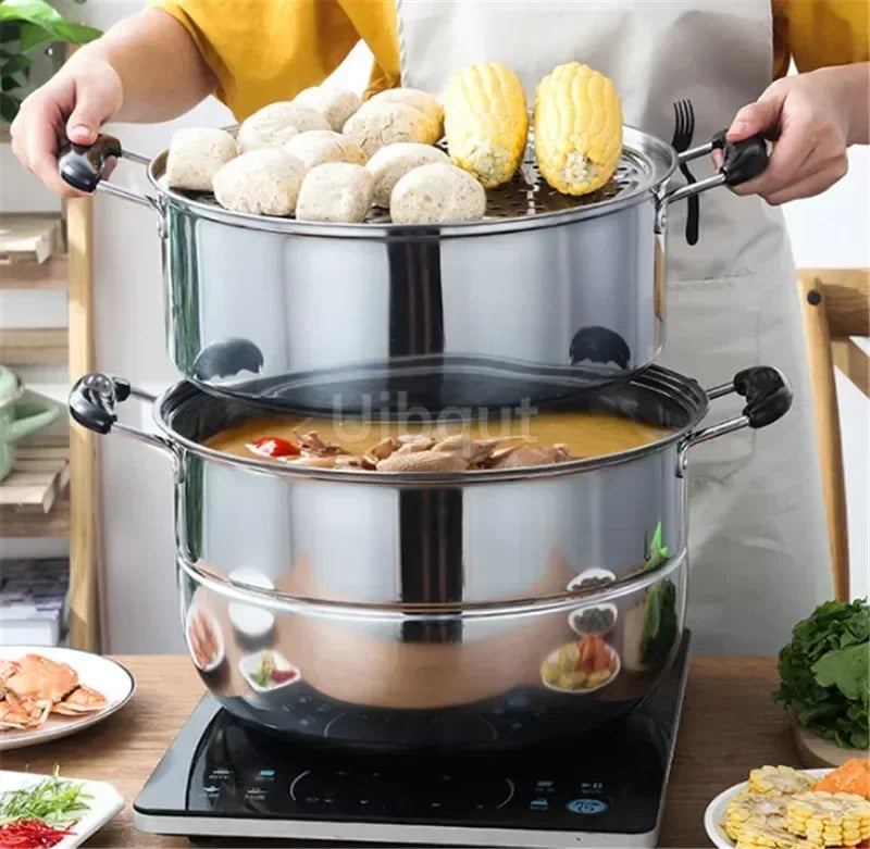 Acciaio inossidabile due tre strati pentola a vapore spessa pentola a vapore zuppa pentole universali per fornello a induzione fornello a gas pentola a vapore