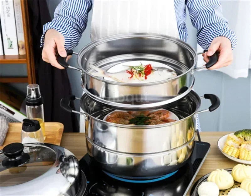 Acciaio inossidabile due tre strati pentola a vapore spessa pentola a vapore zuppa pentole universali per fornello a induzione fornello a gas pentola a vapore