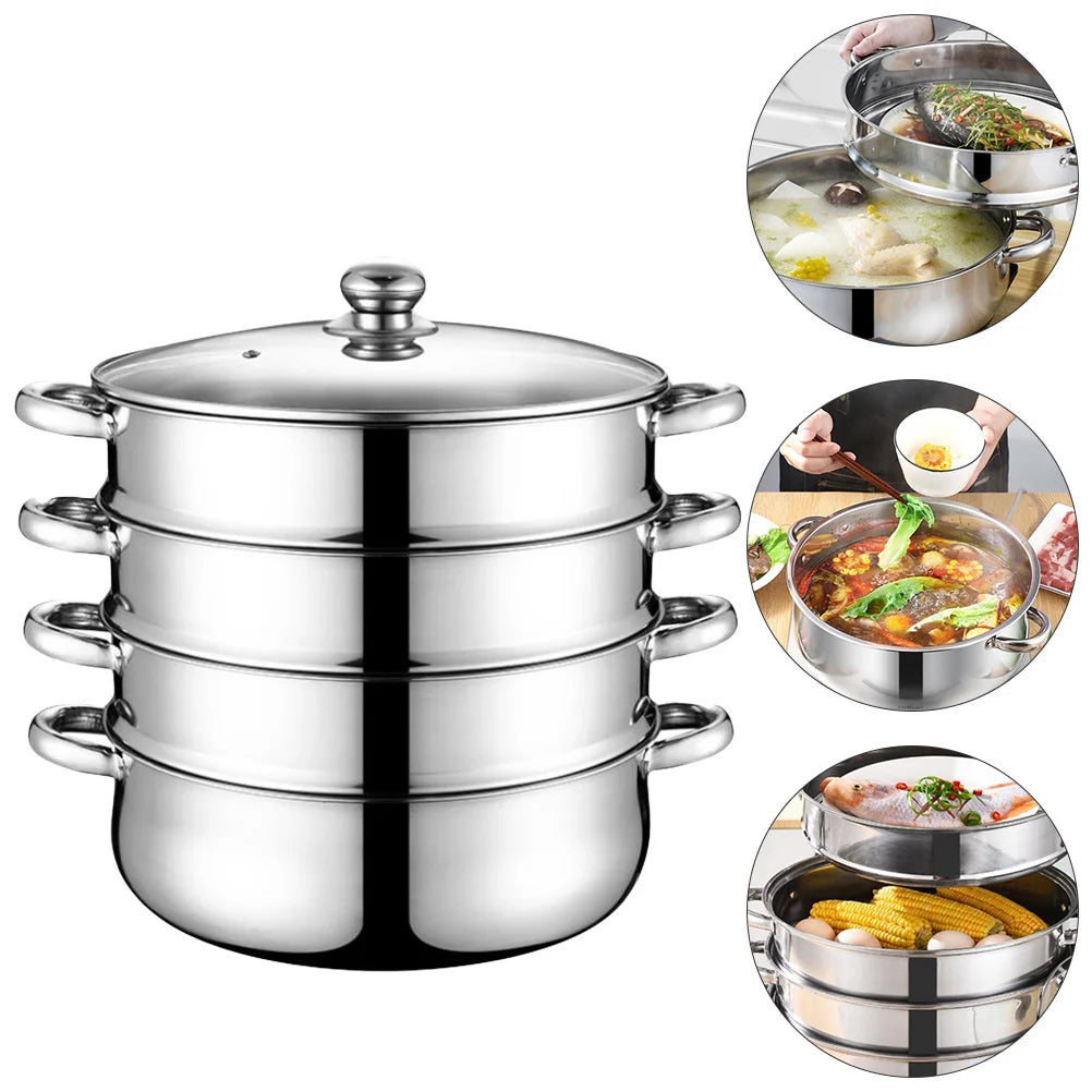 Pentola a vapore in acciaio inox, cottura a vapore, zuppa, pentole, cibo a vapore, brodo, verdure, set, vaporiere, pentole, pentola a vapore, coperchio a livelli